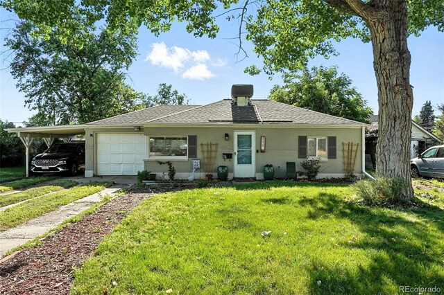 4315 S Elati St, Englewood, CO 80110 - bungalow-style house featuring a garage, driveway, a front yard, a shingled roof, and stucco siding