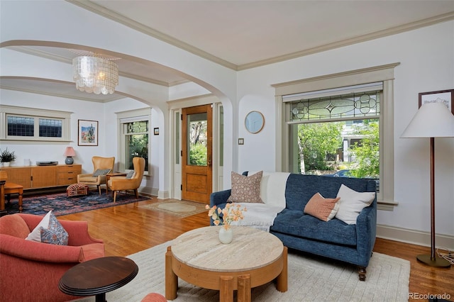 747 N Downing St, Denver, CO 80218 - living area featuring arched walkways, crown molding, wood finished floors, and baseboards
