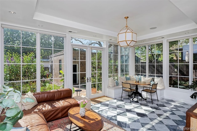 747 N Downing St, Denver, CO 80218 - sunroom with french doors, tile patterned floors, and a raised ceiling