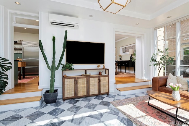 747 N Downing St, Denver, CO 80218 - living area featuring a wall mounted air conditioner, baseboards, and recessed lighting