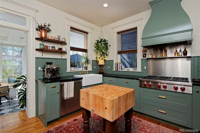747 N Downing St, Denver, CO 80218 - kitchen with green cabinets, open shelves, custom exhaust hood, a sink, and appliances with stainless steel finishes