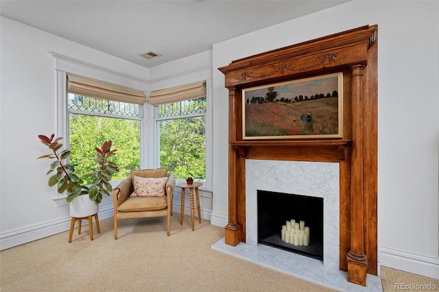 747 N Downing St, Denver, CO 80218 - living area with carpet, a premium fireplace, and baseboards