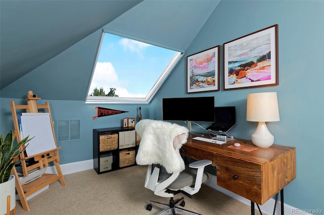 747 N Downing St, Denver, CO 80218 - office area with lofted ceiling, carpet flooring, and baseboards