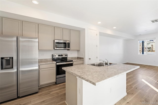 kitchen with visible vents, gray cabinets, a sink, stainless steel appliances, and light wood finished floors