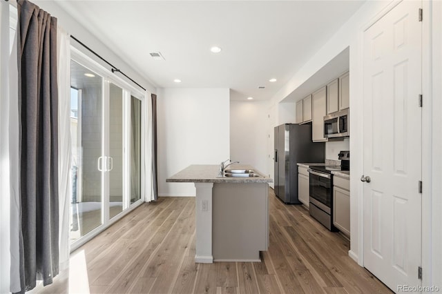 kitchen with visible vents, a sink, appliances with stainless steel finishes, light wood-style floors, and a kitchen island with sink