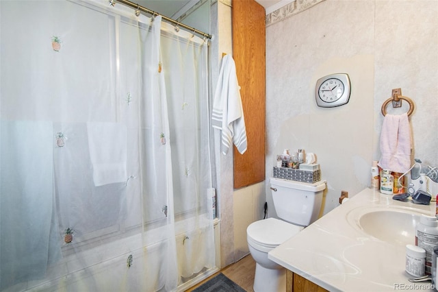 222 S Logan St, Grover, CO 80729 - full bathroom with vanity, curtained shower, and wood finished floors