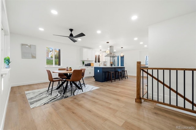 dining area featuring ceiling fan and light hardwood / wood-style flooring