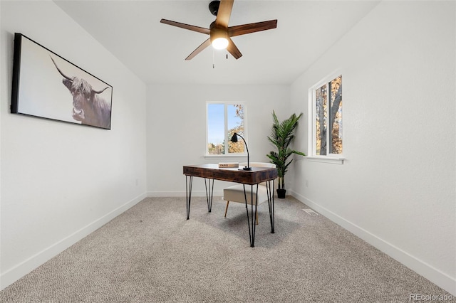 carpeted office featuring ceiling fan