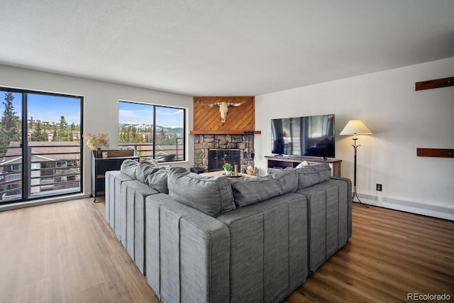 9876 Ryan Gulch Rd Unit F-206, Silverthorne, CO 80498 - living room featuring wood finished floors, a fireplace, and baseboards