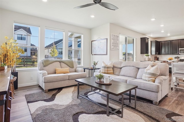 living room featuring wood-type flooring and ceiling fan