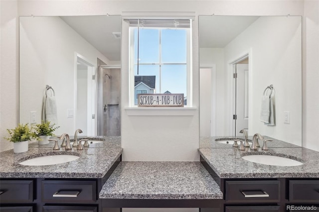 bathroom featuring vanity and a shower with shower door