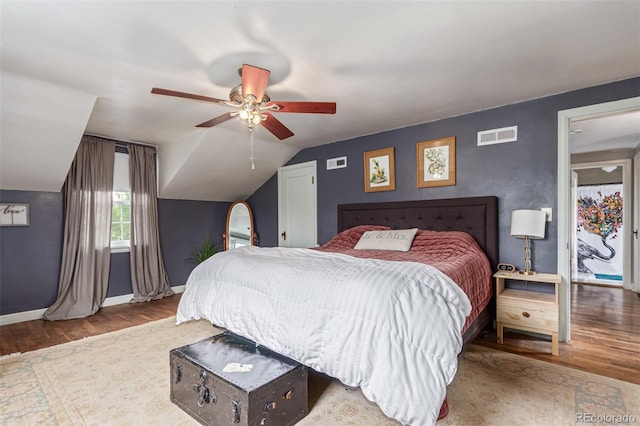 134 S 5th Ave, Brighton, CO 80601 - bedroom with wood finished floors, baseboards, vaulted ceiling, and ceiling fan