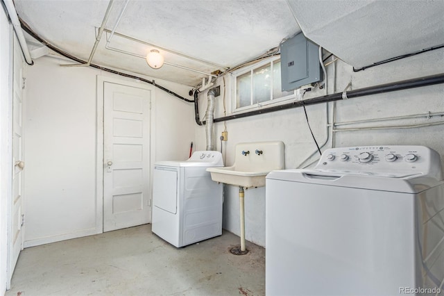 134 S 5th Ave, Brighton, CO 80601 - laundry area with washer and clothes dryer, electric panel, and baseboards