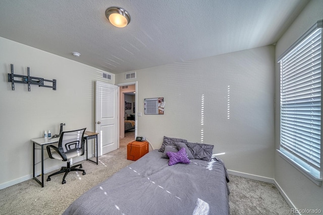 carpeted bedroom with a textured ceiling