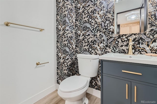 bathroom with vanity, hardwood / wood-style flooring, and toilet