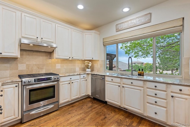 6874 Raspberry Run, Littleton, CO 80125 - kitchen featuring appliances with stainless steel finishes, under cabinet range hood, a sink, dark wood finished floors, and backsplash