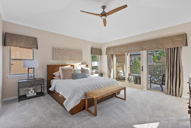 6874 Raspberry Run, Littleton, CO 80125 - bedroom featuring access to outside, carpet flooring, crown molding, a ceiling fan, and baseboards