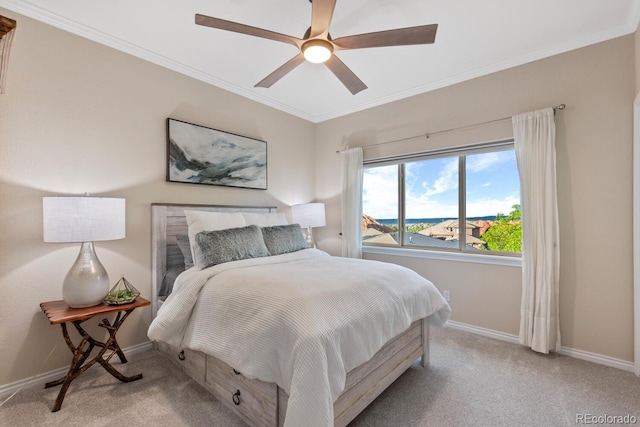 6874 Raspberry Run, Littleton, CO 80125 - bedroom with light colored carpet, ornamental molding, baseboards, and ceiling fan