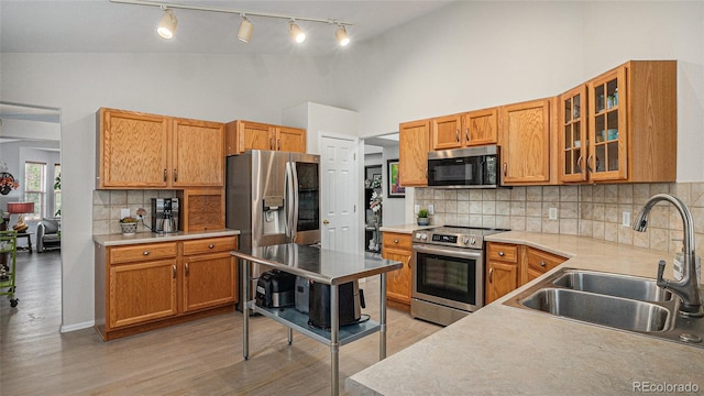 22778 E Alamo Ln, Aurora, CO 80015 - kitchen featuring appliances with stainless steel finishes, decorative backsplash, high vaulted ceiling, light wood-style floors, and glass insert cabinets