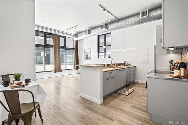 3100 Huron St Unit 1A, Denver, CO 80202 - kitchen with gray cabinetry, a peninsula, light wood-style flooring, and track lighting