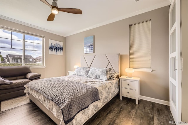10555 Boston St, Commerce City, CO 80640 - bedroom featuring ornamental molding, wood finished floors, baseboards, and a ceiling fan