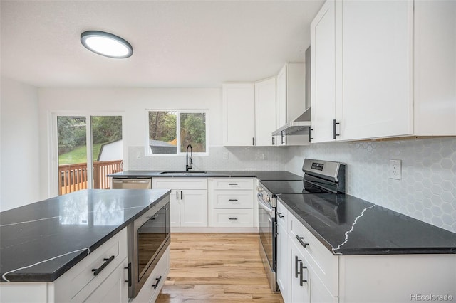 11172 W Exposition Dr, Denver, CO 80226 - kitchen with stainless steel appliances, a sink, wall chimney range hood, light wood-type flooring, and backsplash