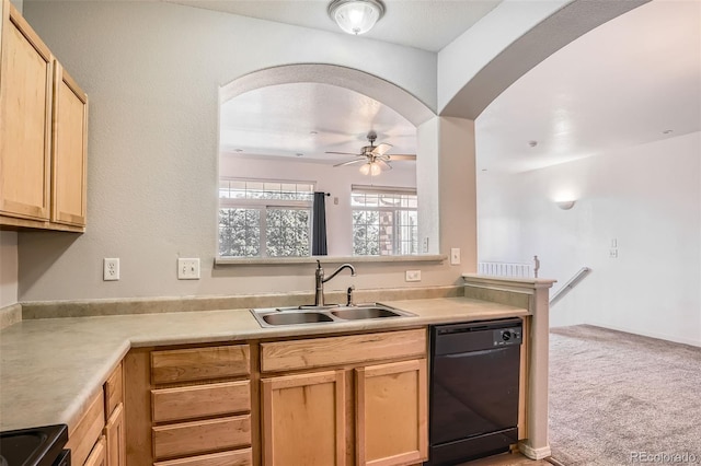 12711 Colorado Blvd Unit 607F, Thornton, CO 80241 - kitchen featuring black appliances, light colored carpet, light countertops, ceiling fan, and light brown cabinets