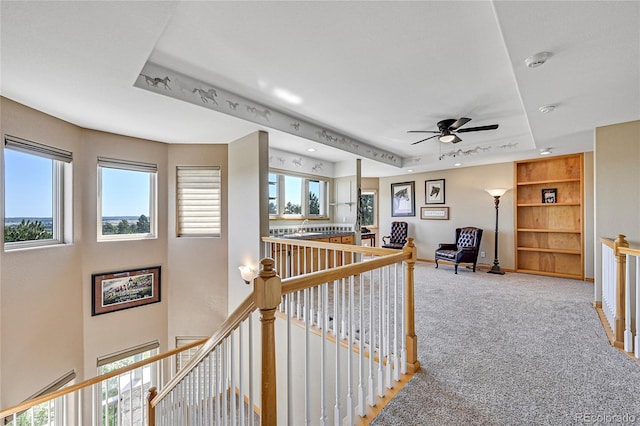 hallway featuring a tray ceiling, a wealth of natural light, and carpet floors