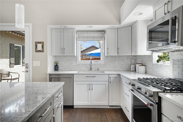 kitchen featuring appliances with stainless steel finishes, a sink, light stone counters, and dark wood-style flooring