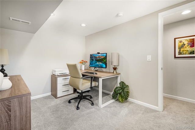 carpeted office with baseboards and recessed lighting