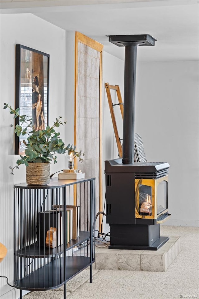 interior details with carpet and a wood stove