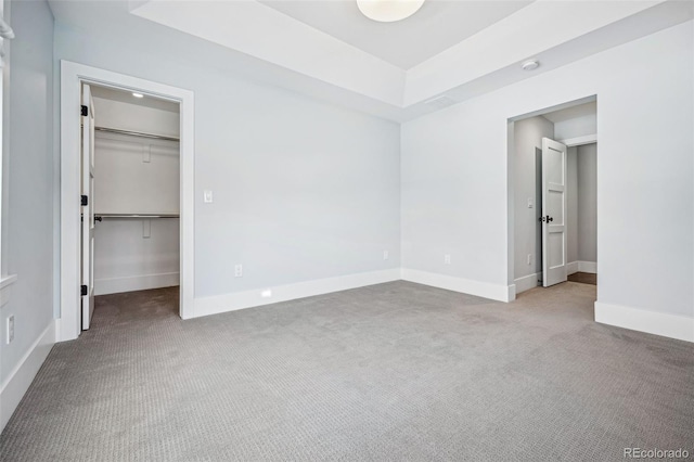 unfurnished bedroom featuring a raised ceiling, carpet flooring, baseboards, and a spacious closet