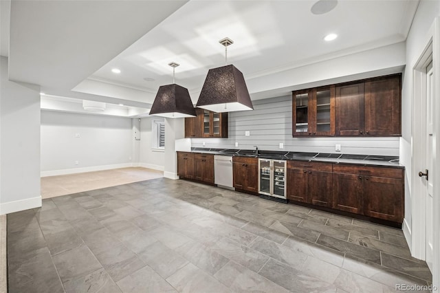 kitchen with ornamental molding, glass insert cabinets, dark brown cabinets, white dishwasher, and beverage cooler