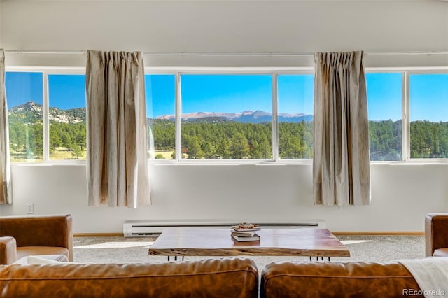 living room featuring a mountain view, carpet floors, and a baseboard radiator