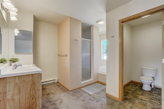 full bathroom featuring toilet, vanity, a baseboard radiator, and shower with separate bathtub