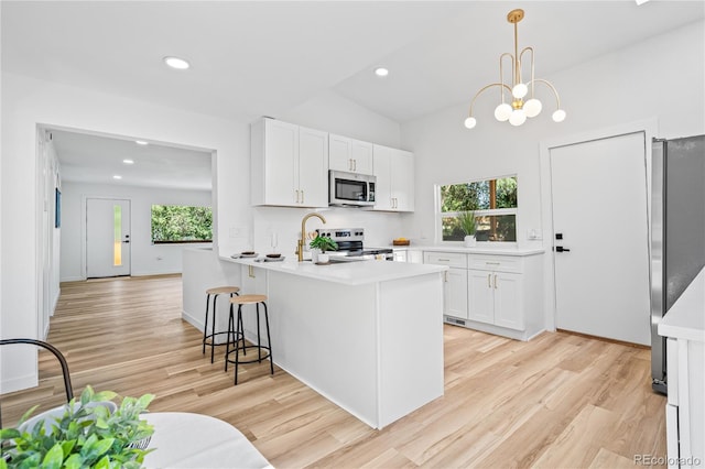 261 Knox Ct, Denver, CO 80219 - kitchen with stainless steel appliances, a peninsula, healthy amount of natural light, light wood-type flooring, and recessed lighting