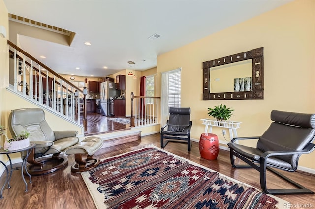 2115 Coach House Loop, Castle Rock, CO 80109 - living room with baseboards, dark wood-style floors, stairway, and recessed lighting