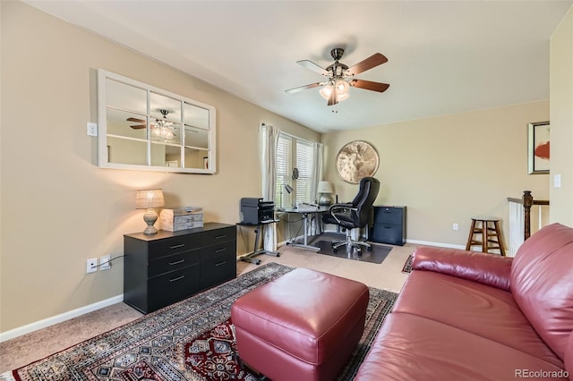 2115 Coach House Loop, Castle Rock, CO 80109 - carpeted living room featuring ceiling fan, a desk, and baseboards