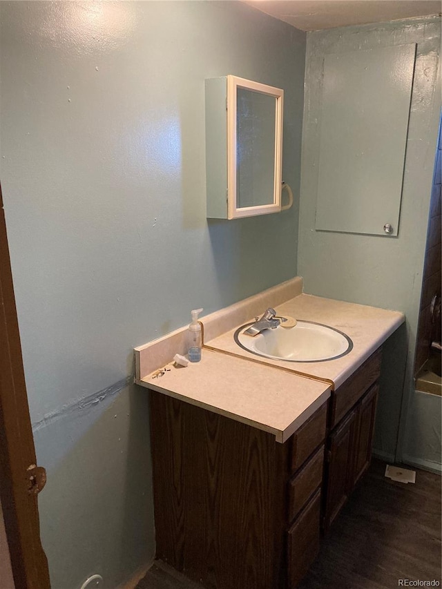 bathroom featuring wood finished floors and vanity