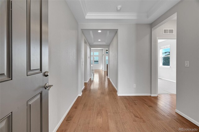 hall with crown molding, light hardwood / wood-style floors, a healthy amount of sunlight, and a tray ceiling