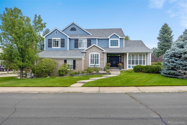 traditional-style home featuring a front lawn and a shingled roof