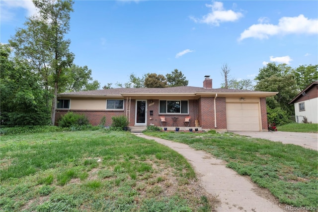 8481 E Briarwood Blvd, Centennial, CO 80112 - ranch-style home with concrete driveway, a garage, brick siding, a chimney, and a front lawn