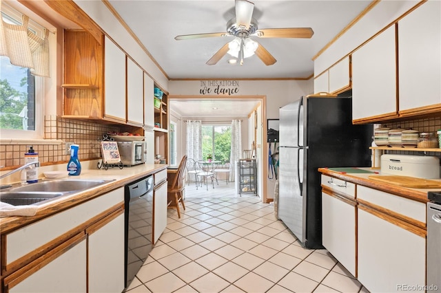 8481 E Briarwood Blvd, Centennial, CO 80112 - kitchen featuring dishwasher, white cabinetry, open shelves, decorative backsplash, and ornamental molding