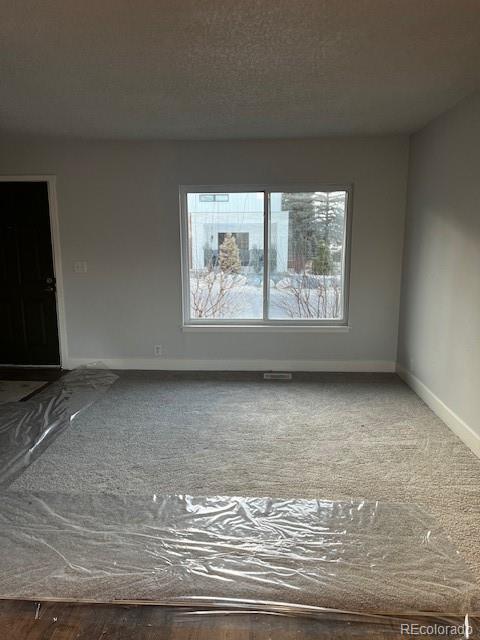 carpeted empty room with baseboards and a textured ceiling