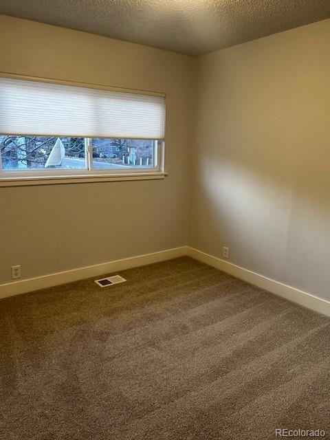 spare room featuring a wealth of natural light, visible vents, dark carpet, and baseboards