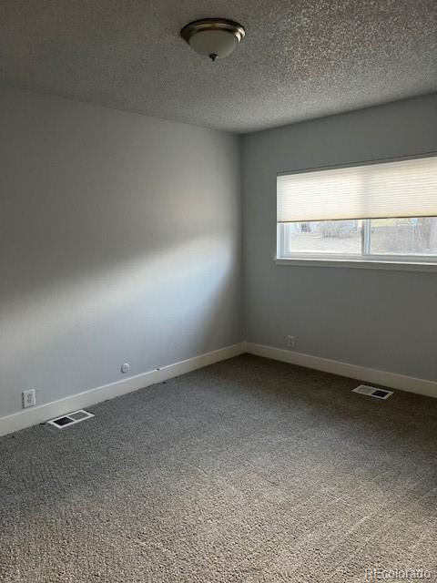 carpeted spare room with visible vents, baseboards, and a textured ceiling