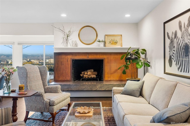 1200 N Humboldt St Unit 1003, Denver, CO 80218 - living room featuring wood finished floors, a fireplace with raised hearth, and recessed lighting