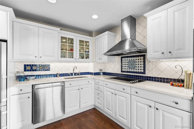 1200 N Humboldt St Unit 1003, Denver, CO 80218 - kitchen with wall chimney exhaust hood, dishwasher, a sink, black electric stovetop, and tasteful backsplash