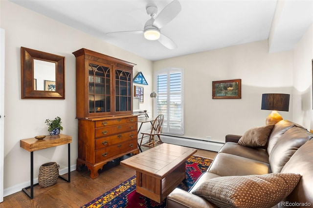 1200 N Humboldt St Unit 1003, Denver, CO 80218 - living room with a ceiling fan, a baseboard radiator, wood finished floors, and baseboards