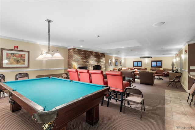 1200 N Humboldt St Unit 1003, Denver, CO 80218 - rec room featuring light colored carpet, a brick fireplace, ornamental molding, pool table, and recessed lighting